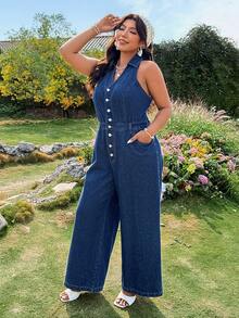 Breezaya Plus Size Sleeveless Casual Denim Jumpsuit, Summer - Blue - View 5