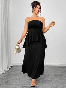 Elenzga Plus Size Women 2pcs Set Knitted Elastic Cropped Camisole Top & Asymmetric Fishtail Skirt Suit, Elegant Black Outfit - Black - View 4