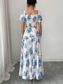 Elenzga Bộ đồ 2 món dành cho nữ mùa xuân/hè: Áo crop top cổ vuông tay bèo in hoa và chân váy chữ A cạp cao. - Xanh và trắng - Xem 2