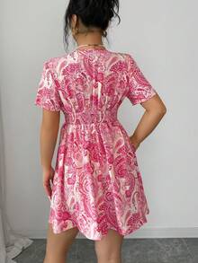 Elenzga Women's Elegant Casual Print V-Neck Ruffle Sleeve Waist Tie A-Line Short Dress, Spring/Summer - Hot Pink - View 2