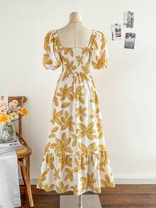 Soleia 女士度假风彩色花卉印花泡泡袖荷叶边下摆浪漫婚礼/毕业典礼/返校派对可爱休闲单身派对复古夏季橙色热带图案印花长裙 - 黃色 - 查看 2