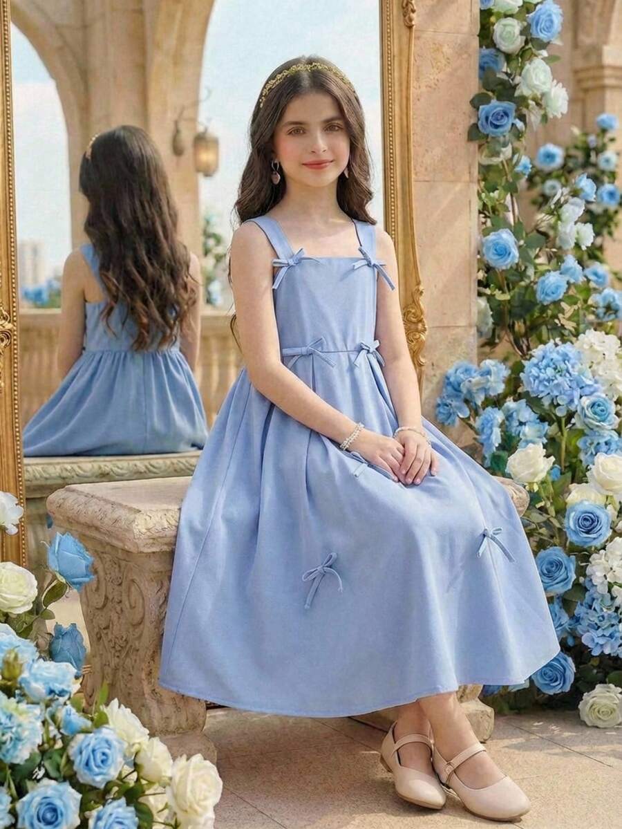 SHEIN Tween Girl Elegant Sleeveless Wide Strap Bow Decor Dress Tween Girl - Baby Blue - View 1
