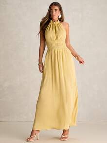 Enchnt Vestido feminino elegante de cor sólida, sem costas e com decote halter, ideal para o verão. - Amarelo - Ver 3