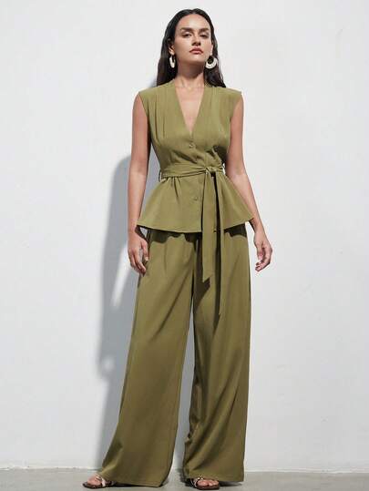 Aveloria Modichic Olive Green V-Neck Sleeveless Ruched Waist Suit Jacket With Adjustable Belt And Loose Straight Leg Pants, Women's Suit Set, Elegant Office & Casual Versatile Two Pieces Outfit