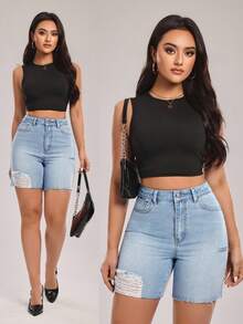 SHEIN Tall Shorts vaqueros de cintura alta con bolsillos y dobladillo deshilachado para mujer, para mujeres altas - Azul - Ver 1