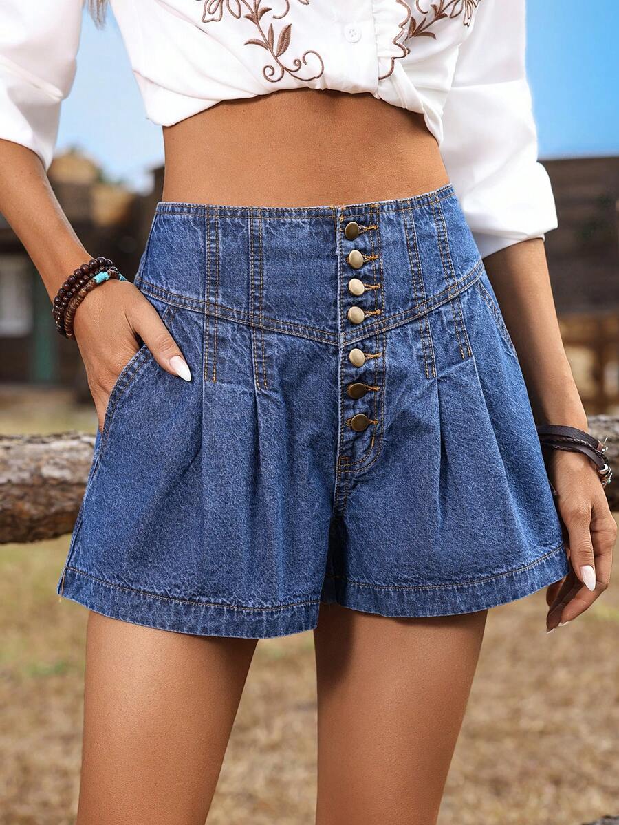 Breezaya Women's Elegant Ruched Waist Denim Shorts, Summer - Medium Wash - View 1