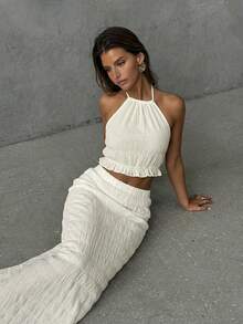 Aloruh Bộ đồ 2 món thanh lịch cho kỳ nghỉ: Áo hai dây hở lưng màu mơ và chân váy suông. - Màu be - Xem 2