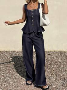 DAZY Bộ áo vest và quần jeans nữ mùa hè - Rửa tối - Xem 4