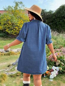 Breezaya 大码夏季休闲V领牛仔连衣裙 - 藍色 - 查看 2