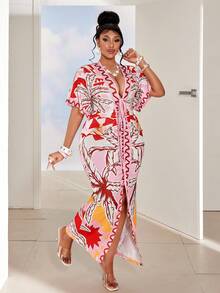 Maweii Deep V-Neck Fitted Bodycon Slit Dress, Plus Size - Pink - View 4