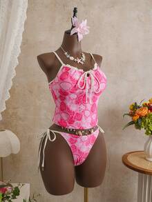 Bellisia 2件套夏季热销沙滩度假休闲海景印花蕾丝边可调节肩带上衣+海景印花侧系带流苏金属贝壳装饰泳裤 - 彩色 - 查看 4