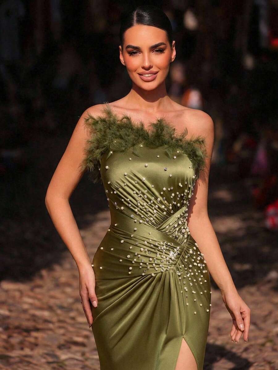 Glamrae Elegant Luxurious Bubble Bead & Rhinestone Embellished Asymmetric-Shoulder Elastic Knit Ruched Slit Fishtail Dress, Suitable For Wedding, Party, Holiday, Banquet - Dusty Pink - View 1