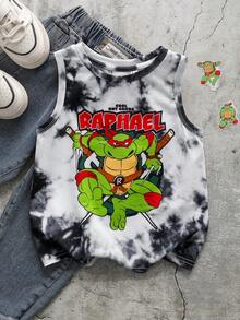 TEENAGE MUTANT NINJA TURTLES | SHEIN Áo thun cổ tròn in chữ hoạt hình, kiểu dáng thường ngày, đa năng cho bé trai. - Đen và trắng - Xem 1