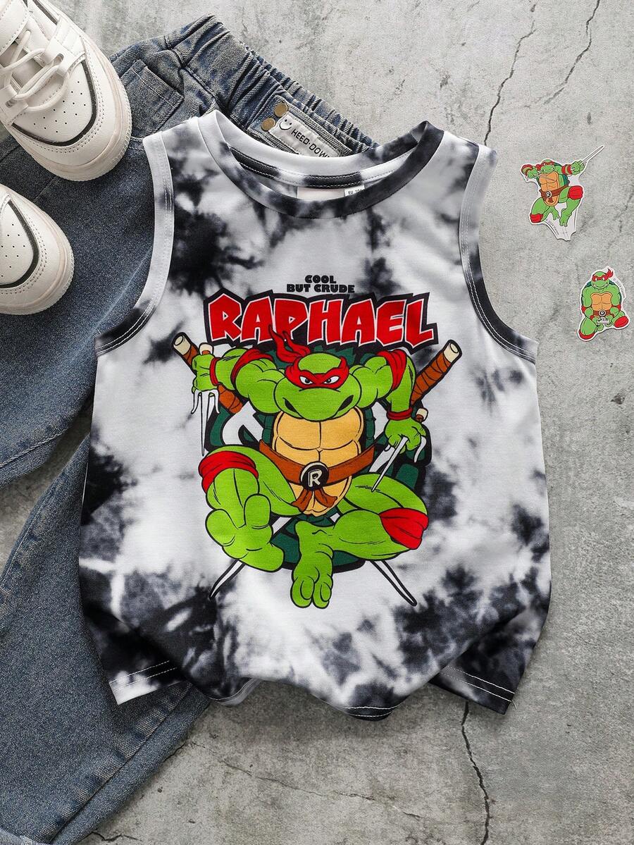TEENAGE MUTANT NINJA TURTLES | SHEIN Áo thun cổ tròn in chữ hoạt hình, kiểu dáng thường ngày, đa năng cho bé trai. - Đen và trắng - Xem 1