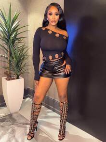 Chea Andrea 纯色紧身铅笔裙，低腰迷你短款 PU 皮革女装 - 黑色 - 查看 3