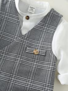 SHEIN 3件套幼儿男童时尚休闲绅士套装，白色长袖衬衫、格子背心和裤子，适合婴儿派对、优雅婚礼宾客、花童、戒指童等场合。 - 灰色 - 查看 9