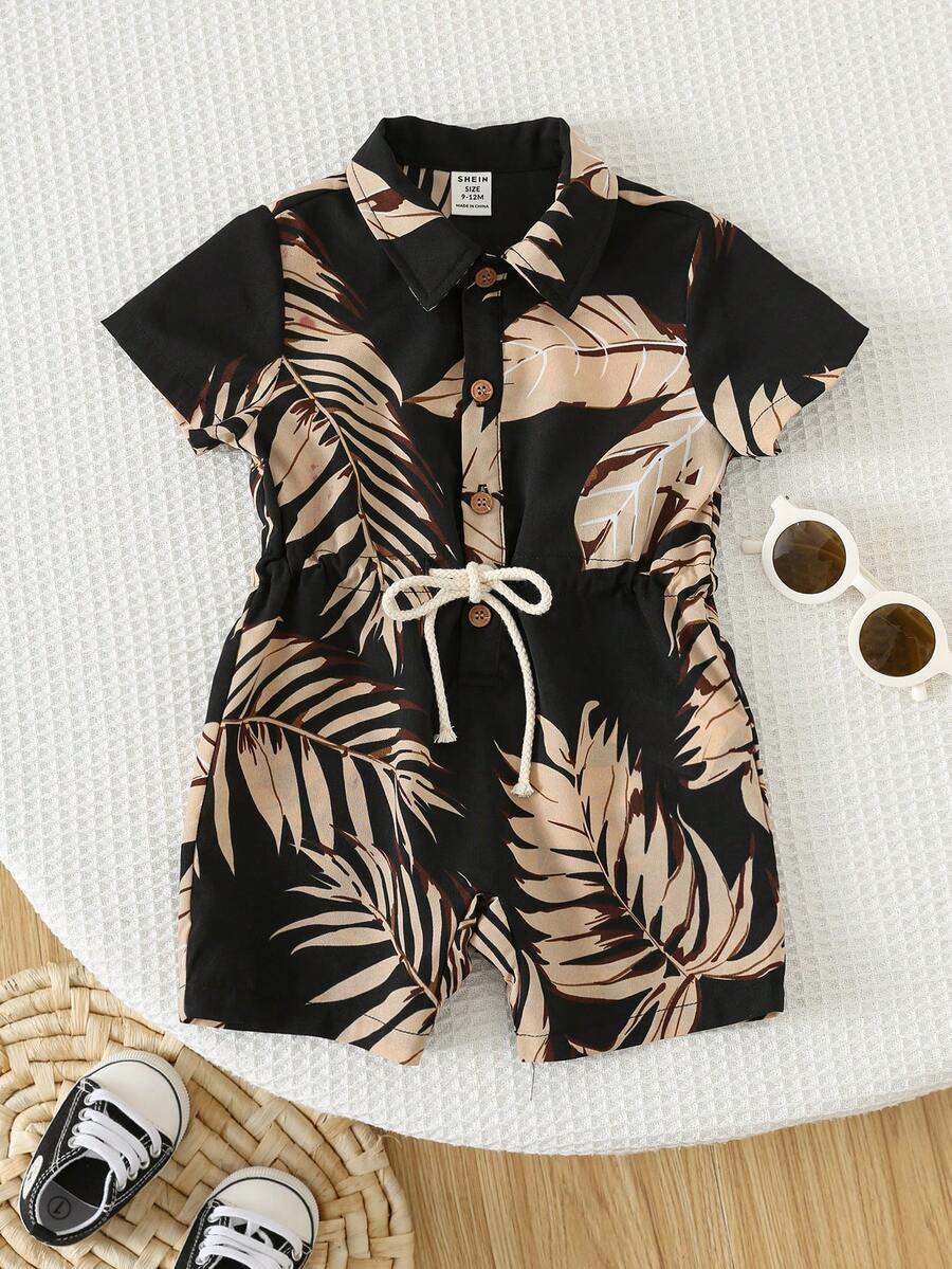 SHEIN Bộ áo liền quần tay ngắn kiểu dáng thường ngày mùa xuân/hè cho bé trai/bé gái sơ sinh, kiểu Hawaii. - màu nâu - Xem 1