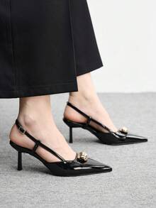CUCCOO BIZCHIC Niche French Style Closed Toe High Heel Sandals, Patent Leather Pointed Toe Slip-On Pumps - Black - View 3