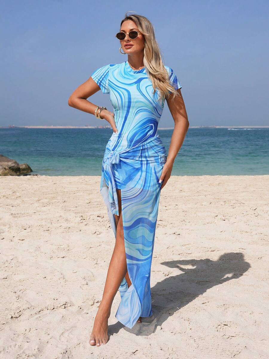 Swim Mulvari 2026 Summer NEW Women's Summer 
Blue Water Ripples Women's Middle Eastern Marble Print Short Sleeve Swimsuit Set With Cover-Up Skirt Beach Vacation, Pool Party, Beach PartyBeach Outfits, Music Festival Outfits, Vacation Outfits, Seaside Dates, Holiday Outfits, Sexy, Elegant, Casual Outfits, Beach Party Outfits, Pool Party Outfits - Multicolor - View 1
