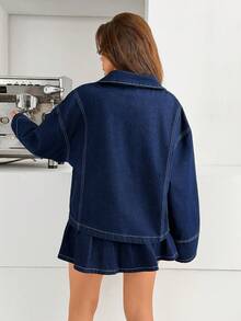 SHEIN Women Rhinestone Embroidered Jacket & Pleated Mini Denim Skirt Two Pieces Set - Dark Wash - View 2