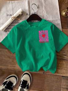 SHEIN LUNE Women's Graphic T-Shirt, Casual Street Style Short Sleeve Tee, Cute Summer Top Baby Tee Printed T Shirt Graphic T Shirt Cute T-Shirt Heart Graphic Tee Cute T Shirt Woman T Shirt Graphic Tops T Shirts Graphic - Green - View 2