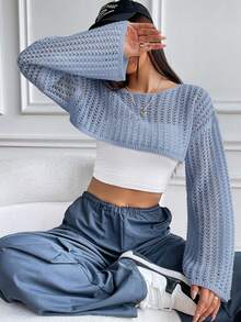 SHEIN Unity 女士镂空落肩长袖性感宽松短款毛衣 - 藏蓝色 - 查看 4