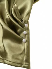 GlowEve CURVE Plus Size Women's Elegant Olive Green Summer Satin Blouse,French Retro V-Neck Sleeveless Waist Pleated Button Decor Basic Top For Dinner,Vacation - Army Green - View 1