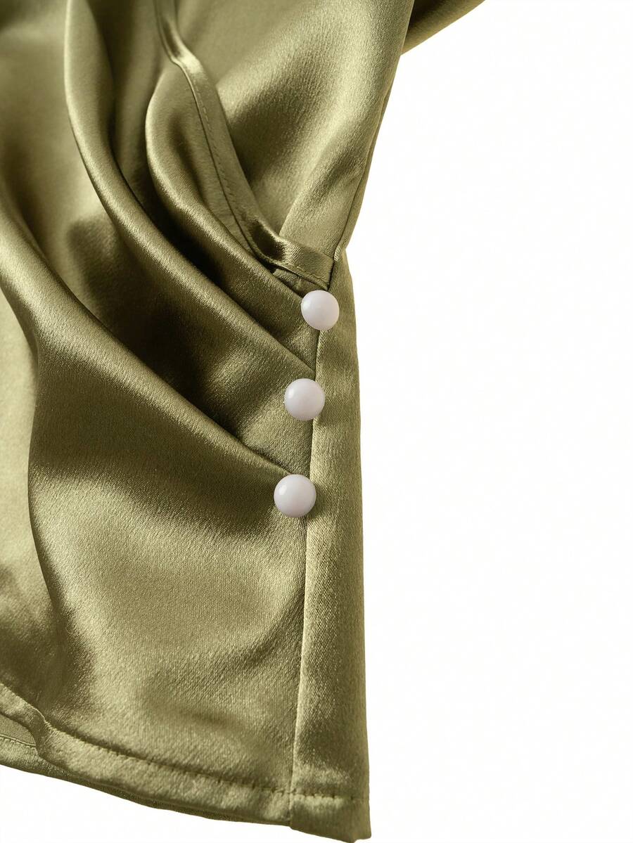 GlowEve CURVE Plus Size Women's Elegant Olive Green Summer Satin Blouse,French Retro V-Neck Sleeveless Waist Pleated Button Decor Basic Top For Dinner,Vacation - Army Green - View 1