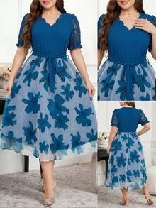 Reflora Plus Size Women Floral Contrast Lace Short Sleeve V-Neck A-Line Midi Dress, Sky Blue Summer Elegant Flower Gown For Wedding Guest Party Prom - Blue - View 3