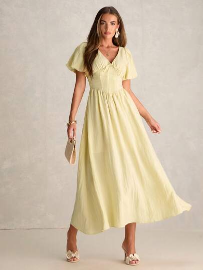  Enchnt Summer Romantic Women's Yellow V-Neck Pleated Long Dress,French Style,Sweet&Elegant For Vacation&Date&Holiday&Going Out,Summer Outfit Women,Summer Dresses For Women New Guest Summer Middy Elegant Dresses Tea Party Dresses For Women Picnic Dresses For Women Yellow Women's Dress Yellow Summer Dress Women Yellow Midi Dress