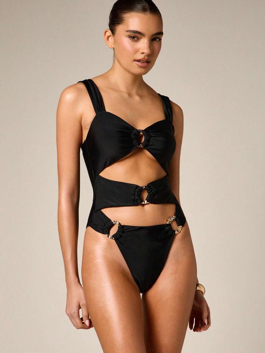 AiiRZ Traje de baño de una pieza con diseño de monokini, detalles de anillo con cortes y tirantes cruzados en la espalda para vacaciones en la playa y piscina en verano - Negro - Ver 1