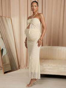 MaterniChic Maternity Clothes Maternity Co Ord Summer Pregnant Clothes Apricot-Colored Textured Two-Piece Set, Halter Collar Soft And Comfortable Elegant - Apricot - View 2