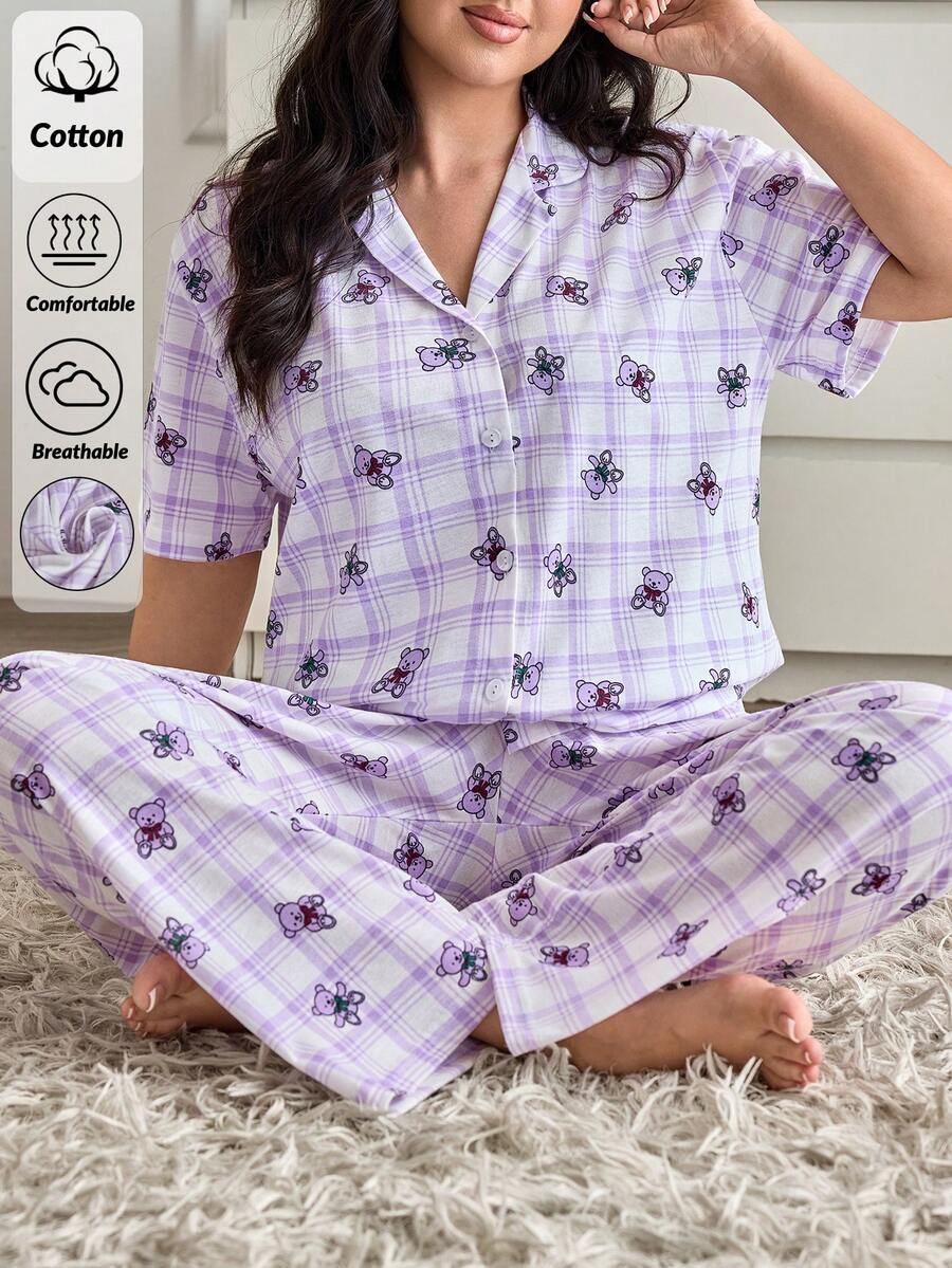 SHEIN Women PLUS SIZE 2 Pcs Button Front With BEAR&PLAID Pattern Shoert Sleeved Shirt & Long Pants Homewear Cute Comfort Casual Pajama Set - Multicolor - View 1