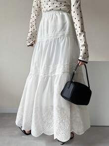 FRIFUL 女士撞色蕾丝长款喇叭裙 - 白色 - 查看 8
