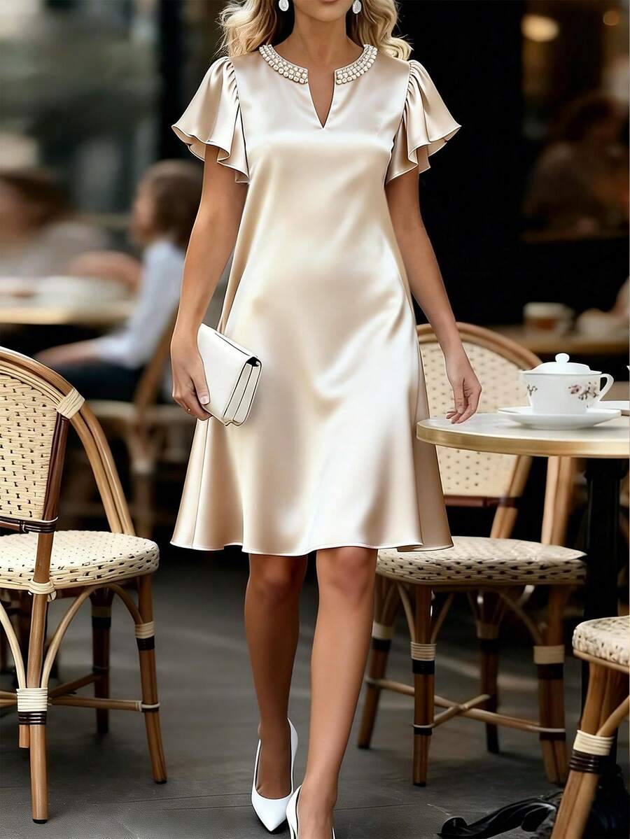 Franclia Women's Spring/Summer Round-Neck V-Neck Pearl Boat-Neck Loose Straight Dress, Glossy Satin Dress, Spring/Summer Short Dress, Women's Spring/Summer Dress, Vacation Leisure Elegant Fashion Dress