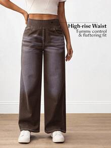Flexra Quần jeans ống rộng nữ, kiểu dáng thường ngày, đa năng. - Cà phê nâu - Xem 13