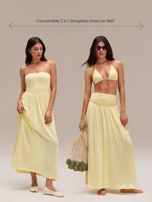 2-In-1 Two-Way Wear Strapless Dress Keep It Breezy Ultra-Fine Soft Texture Side Pockets  Foldable Daily Casual Wear - Yellow - View 4