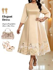 Fleurora 大码优雅拼接七分袖荷叶边下摆中长连衣裙 - 杏色 - 查看 7