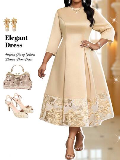 Fleurora 大码优雅拼接七分袖荷叶边下摆中长连衣裙