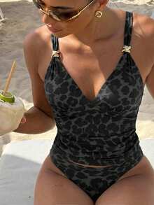 Bonvoyette 女士休闲无袖吊带比基尼套装，简约度假风，成熟豹纹设计，金属扣V领显瘦，两件式坦克背心泳衣，春夏款 - 彩色 - 查看 1