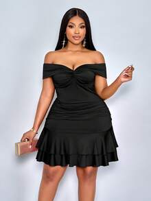 SOLERSUN Women Plus Size Black Summer Elegant Formal Evening Night Out Club Off Shoulder Center Front Chest Knot Sleeveless Double Ruffled Mini Party Dress - Black - View 3