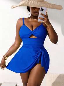 Slaydiva Plus Size Solid Color Swimwear Set For Women, Fluorescent Green Tankini With Detachable Straps - Royal Blue - View 5