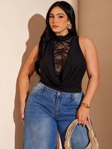 SHEIN BAE Plus Size Women's Black Autumn Elegant Formal Evening Night Out Club Lace Splice Plunging Halter Neck Bodysuit,Tight Patchwork Cocktail Party - Black - View 6