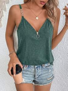 SHEIN LUNE Camiseta de tirantes con cremallera y cadena, de estilo casual para mujer en verano - Verde Oscuro - Ver 4