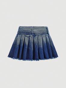 Sweetra 女士休闲牛仔裙，荷叶边裙摆，纽扣闭合 - 藍色 - 查看 2