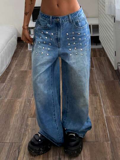 Muchica Women's Casual Loose Straight-Leg Jeans For Spring/Summer, Featuring A Sparkly Studded Design; Stylish Party/Valentine's Day Comfortable Washed Blue Straight-Leg Jeans.