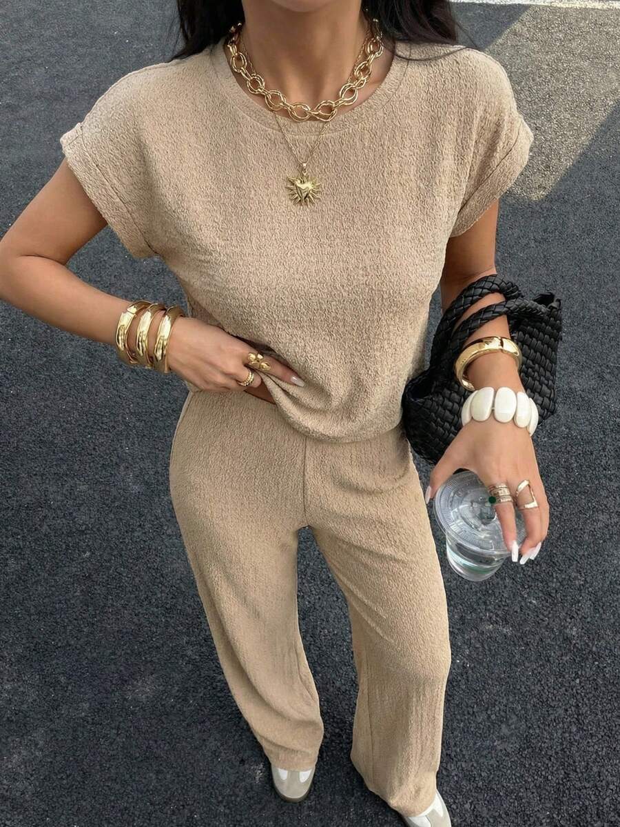 SHEIN EZwear 女士卡其色针织休闲上衣和裤子家居服套装 - 卡其色 - 查看 1