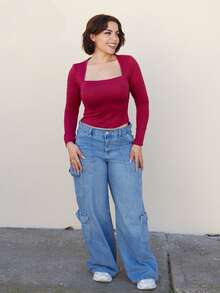 Lupita Cardoza 女式夏季简约 Y2K 基本款日常休闲辣妹弹力舒适灰色紧身方领长袖 T 恤 - 酒紅色 - 查看 1