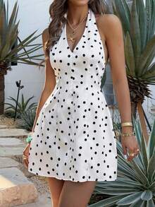 Lucivie 女士法式复古V领波点露背无袖收腰性感短裙 - 杏色 - 查看 10