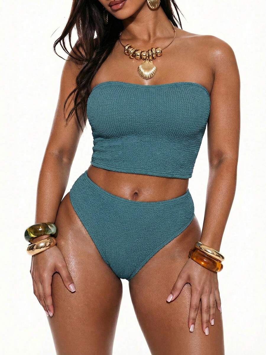 Swim Basics Bộ đồ bơi bikini họa tiết màu trơn cho nữ đi nghỉ mát và đi biển mùa hè - Màu xanh ngọc - Xem 1